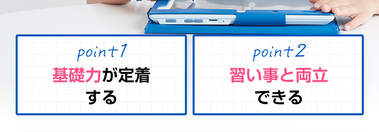 チャレンジタッチなら
つまずきの原因を見つけてすばやく解消!

学校の成績が上がった!88.6%

point1
基礎力が定着する
point2
習い事と両立できる