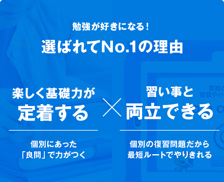 勉強が好きになる!選ばれてNo.1の理由

楽しく基礎力が定着する
個別にあった「良問」で力がつく

習い事と両立できる
個別の復習問題だから最短ルートでやりきれる