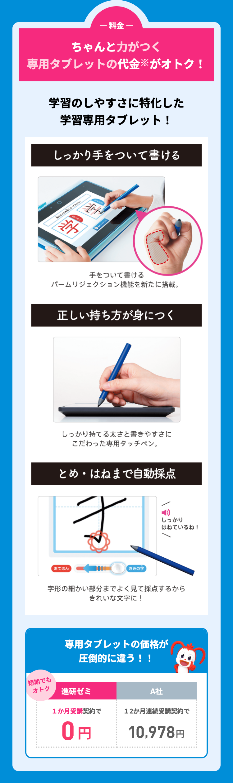 「短期でも
オトク
-料金
ちゃんと力がつく
専用タブレットの代金がオトク!
学習のしやすさに特化した
学習専用タブレット!
しっかり手をついて書ける
じゅんを見くらべてみよう!
学
手をついて書ける
パームリジェクション機能を新たに搭載。
正しい持ち方が身につく
しっかり持てる太さと書きやすさに
こだわった専用タッチペン。
とめ・はねまで自動採点
利
しっかり
はねているね!
おてほん
きみの学
字形の細かい部分までよく見て採点するから
きれいな文字に!
専用タブレットの価格が
圧倒的に違う!!
進研ゼミ
1か月受講契約で
0円
A社
12か月連続受講契約で
10,978 円