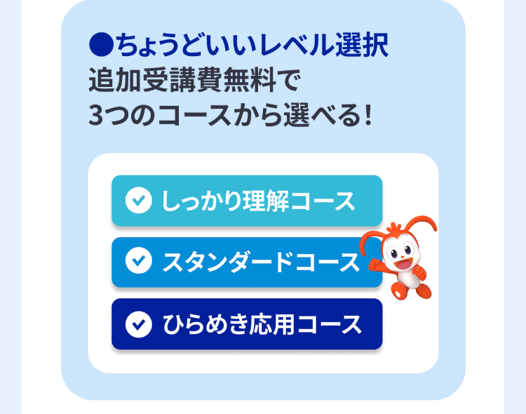 ●ちょうどいいレベル選択
追加受講費無料で
3つのコースから選べる!
しっかり理解コース
スタンダードコース
ひらめき応用コース