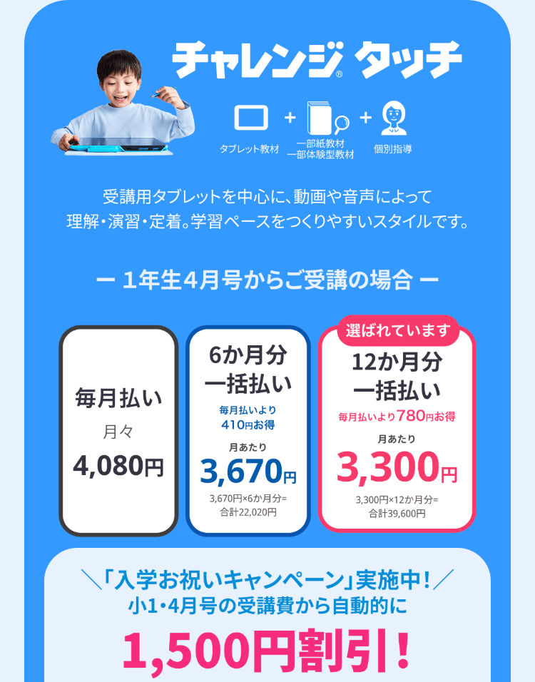 チャレンジタッチ
□ + + 2
タブレット教材
一部紙教材
一部体験型教材
個別指導
受講用タブレットを中心に、動画や音声によって
理解・演習・定着。 学習ペースをつくりやすいスタイルです。
- 1年生4月号からご受講の場合・
選ばれています
6か月分
一括払い
毎月払い
12か月分
一括払い
月々
毎月払いより
410円お得
月あたり
4,080円 3,670円 3,300円
毎月払いより780円お得
月あたり
3,670円×6か月分=
合計22,020円
3,300円×12か月分
合計39,600円
\「入学お祝いキャンペーン」実施中!/
小1・4月号の受講費から自動的に
1,500円割引!