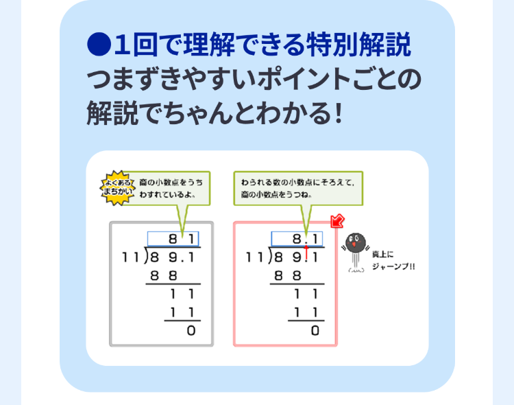 ●1回で理解できる特別解説
つまずきやすいポイントごとの
解説でちゃんとわかる!
よくある高の小数点をうち
まちかい わすれているよ。
わられる数の小数点にそろえて、
の小数点をうつね。
81
8.1
11 8 9.1
11 8 9 1
上に
ジャーンプ!!
8 8
8 8
11
11
11
0
11
0