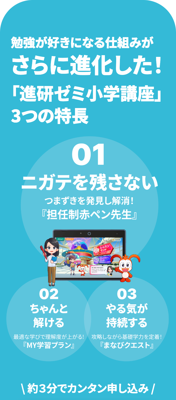 勉強が好きになる仕組みが
さらに進化した!
「進研ゼミ小学講座」
3つの特長
01
ニガテを残さない
つまずきを発見し解消!
『担任制赤ペン先生』
02
ちゃんと
解ける
124000
レッスン
ランド
トレジャー
Y
03
やる気が
持続する
最適な学びで理解度が上がる! 攻略しながら基礎学力を定着!
『 まなびクエスト』
『MY学習プラン』
|約3分でカンタン申し込み /