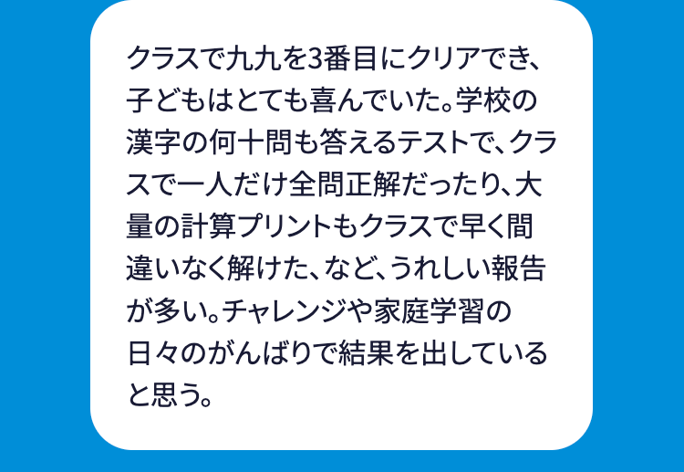 クラスで九九を3番目にクリアでき、
子どもはとても喜んでいた。 学校の
漢字の何十問も答えるテストで、クラ
スで一人だけ全問正解だったり、大
量の計算プリントもクラスで早く間
違いなく解けた、 など、 うれしい報告
が多い。チャレンジや家庭学習の
日々のがんばりで結果を出している
と思う。