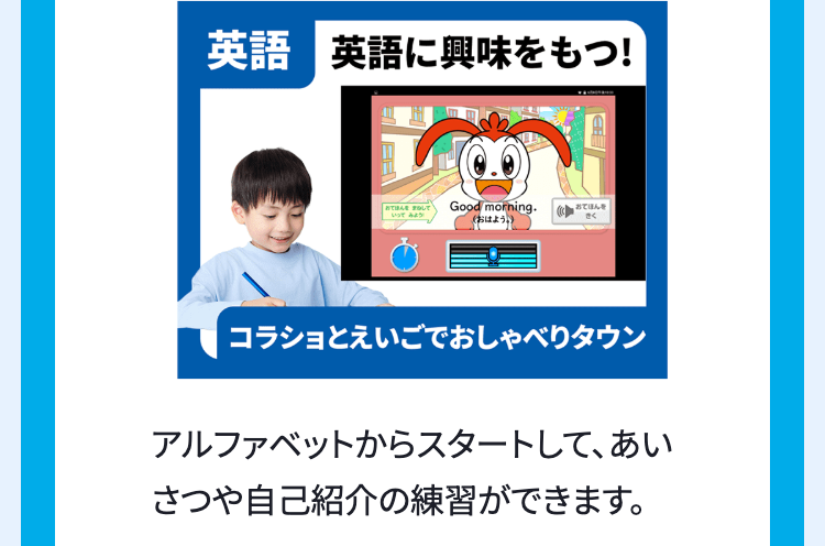 英語 英語に興味をもつ!
いってみよう
おてはんし Good morning.
(おはよう。
ほ
きく
コラショとえいごでおしゃべりタウン
アルファベットからスタートして、あい
さつや自己紹介の練習ができます。