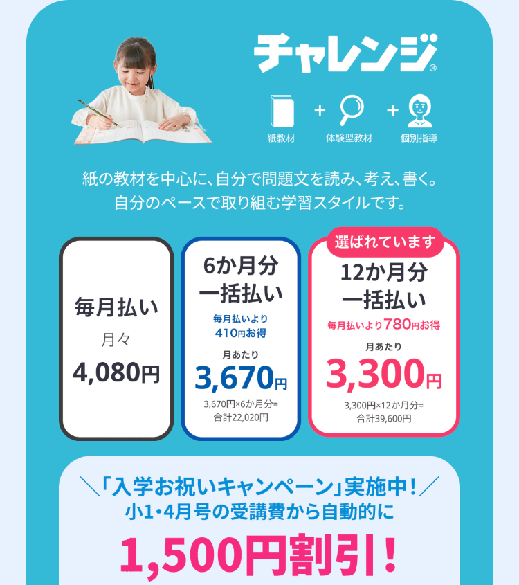 チャレンジ
+
紙教材
体験型教材
個別指導
紙の教材を中心に、 自分で問題文を読み、 考え、書く。
自分のペースで取り組む学習スタイルです。
選ばれています
6か月分
一括払い
毎月払い
12か月分
一括払い
月々
毎月払いより
410円お得
月あたり
4,080円 3,670円 3,300円
毎月払いより780円お得
月あたり
3,670円 6か月分=
合計22,020円
3,300円×12か月分=
合計39,600円
\「入学お祝いキャンペーン」実施中!/
小1・4月号の受講費から自動的に
1,500円割引!
