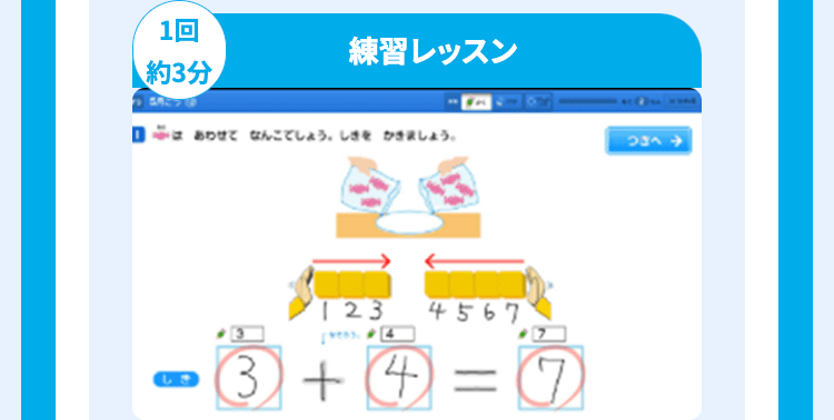 1回
約3分
練習レッスン
あわせてなんこでしょう。しきをかきましょう。
123 4567
3+4=7