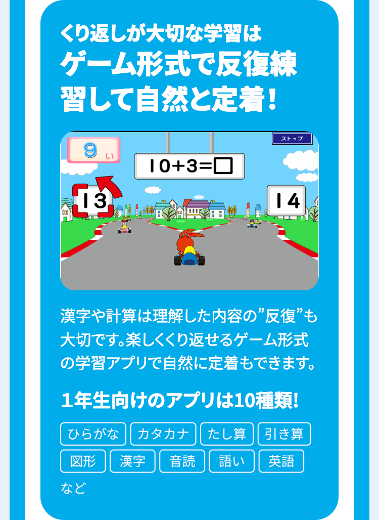 くり返しが大切な学習は
ゲーム形式で反復練
習して自然と定着!
13
10+3=
ストップ
14
漢字や計算は理解した内容の” 反復”も
大切です。 楽しくくり返せるゲーム形式
の学習アプリで自然に定着もできます。
1年生向けのアプリは10種類!
ひらがな カタカナ たし算 引き算
語い 英語
図形 漢字 音読
など