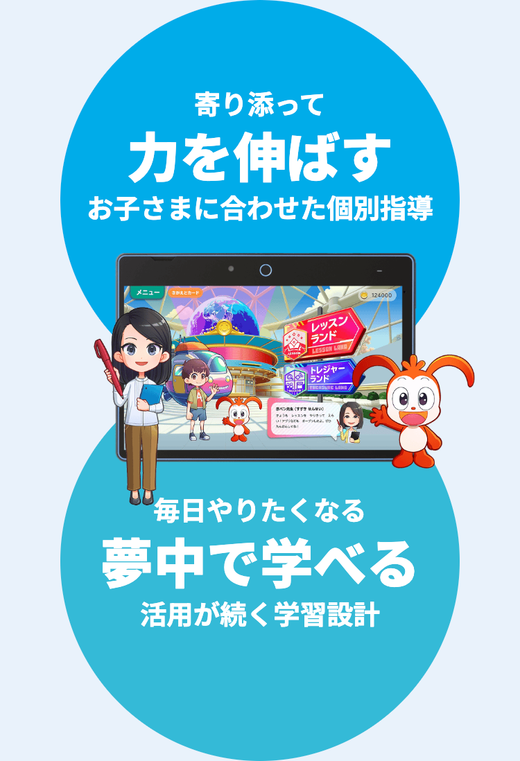 寄り添って
力を伸ばす
お子さまに合わせた個別指導
メニュー
えとカード
レッスン
ランド
トレジャー
ランド
TREASURE LAND //
せんせい)
やってら
オープンし
「たんけんしてね!
124000
毎日やりたくなる
夢中で学べる
活用が続く学習設計