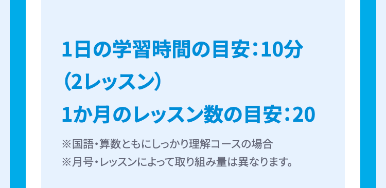 1日の学習時間の目安: 10分
(2レッスン)
1か月のレッスン数の目安:20
※国語・算数ともにしっかり理解コースの場合
※月号・レッスンによって取り組み量は異なります。