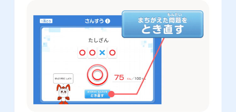もんだい
11月ごろ]
さんすう
まちがえた問題を
とき直す
ぜんぶまるにしよう!
たしざん
まちがえたもんだいを
とき直す
75 でん/100 で