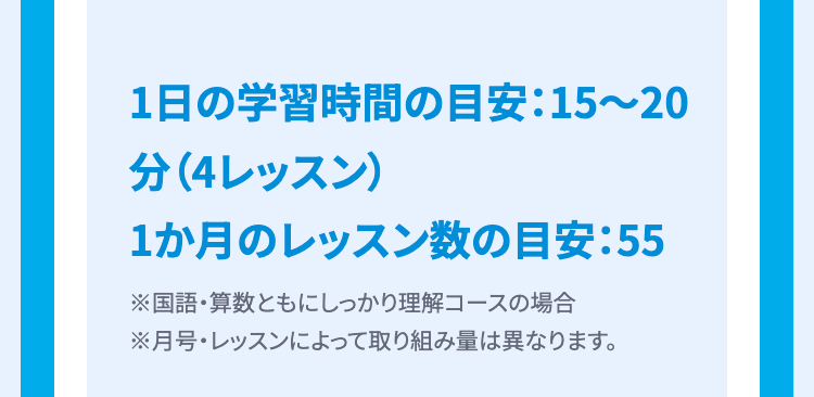 1日の学習時間の目安: 15~20
分(4レッスン)
1か月のレッスン数の目安:55
※国語・算数ともにしっかり理解コースの場合
※月号・レッスンによって取り組み量は異なります。